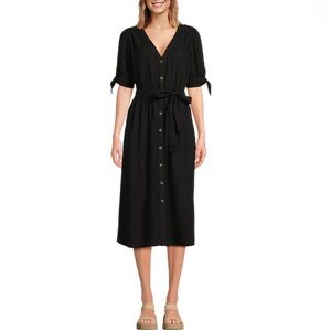 Time & Tru Black Linen Midi Dress Button Down Short Puff Sleeve Size Small 4/6